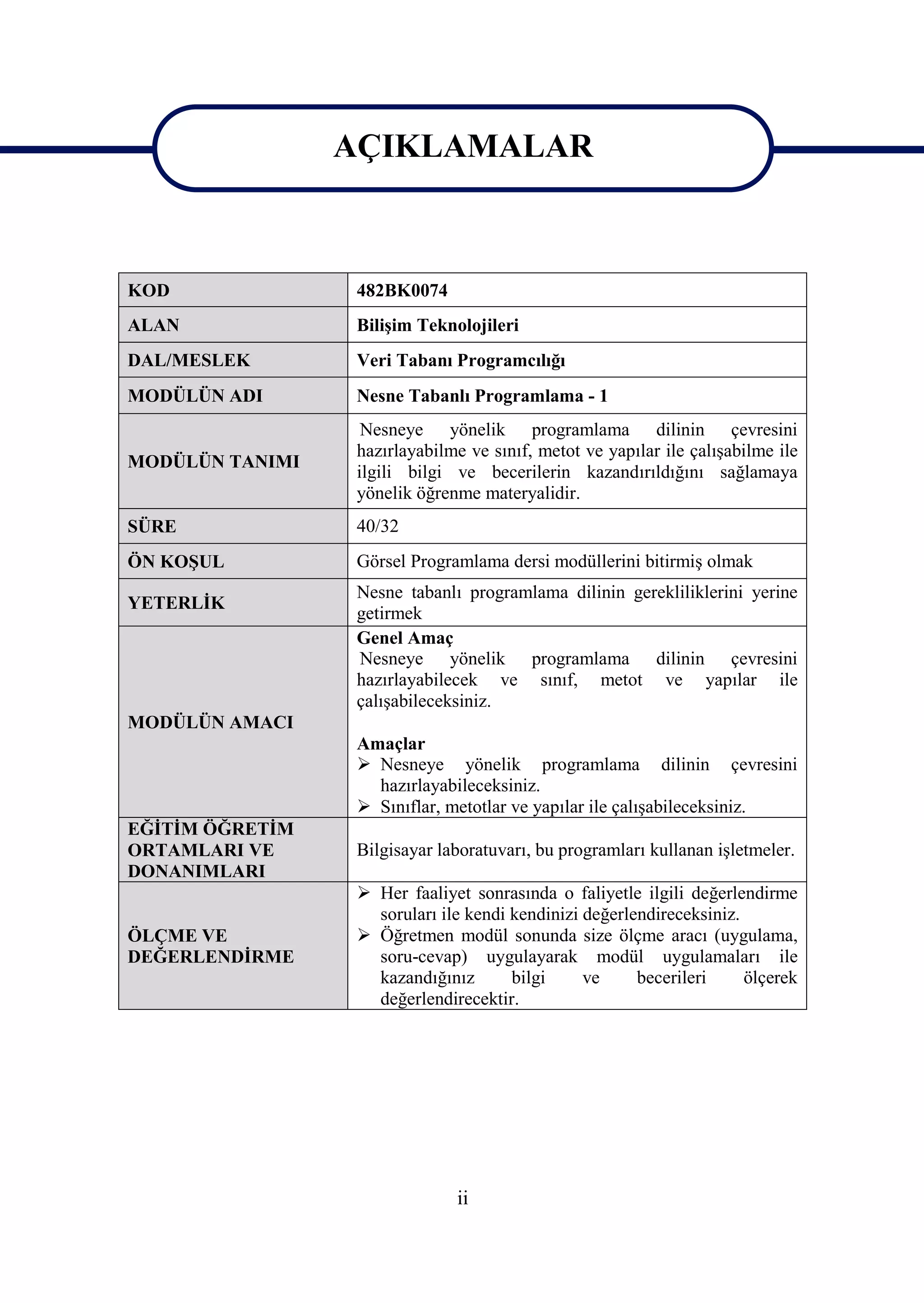 AÇIKLAMALAR

                 AÇIKLAMALAR
KOD               482BK0074
ALAN              Bilişim Teknolojileri
DAL/MESLEK        Veri Tabanı Programcılığı
MODÜLÜN ADI       Nesne Tabanlı Programlama - 1
                   Nesneye yönelik programlama dilinin çevresini
                  hazırlayabilme ve sınıf, metot ve yapılar ile çalışabilme ile
MODÜLÜN TANIMI
                  ilgili bilgi ve becerilerin kazandırıldığını sağlamaya
                  yönelik öğrenme materyalidir.
SÜRE              40/32
ÖN KOŞUL          Görsel Programlama dersi modüllerini bitirmiş olmak
                  Nesne tabanlı programlama dilinin gerekliliklerini yerine
YETERLİK
                  getirmek
                  Genel Amaç
                  Nesneye yönelik programlama dilinin çevresini
                  hazırlayabilecek ve sınıf, metot ve yapılar ile
                  çalışabileceksiniz.
MODÜLÜN AMACI
                  Amaçlar
                   Nesneye yönelik programlama dilinin çevresini
                    hazırlayabileceksiniz.
                   Sınıflar, metotlar ve yapılar ile çalışabileceksiniz.
EĞİTİM ÖĞRETİM
ORTAMLARI VE      Bilgisayar laboratuvarı, bu programları kullanan işletmeler.
DONANIMLARI
                   Her faaliyet sonrasında o faliyetle ilgili değerlendirme
                    soruları ile kendi kendinizi değerlendireceksiniz.
ÖLÇME VE           Öğretmen modül sonunda size ölçme aracı (uygulama,
DEĞERLENDİRME       soru-cevap) uygulayarak modül uygulamaları ile
                    kazandığınız       bilgi     ve     becerileri     ölçerek
                    değerlendirecektir.




                               ii
 