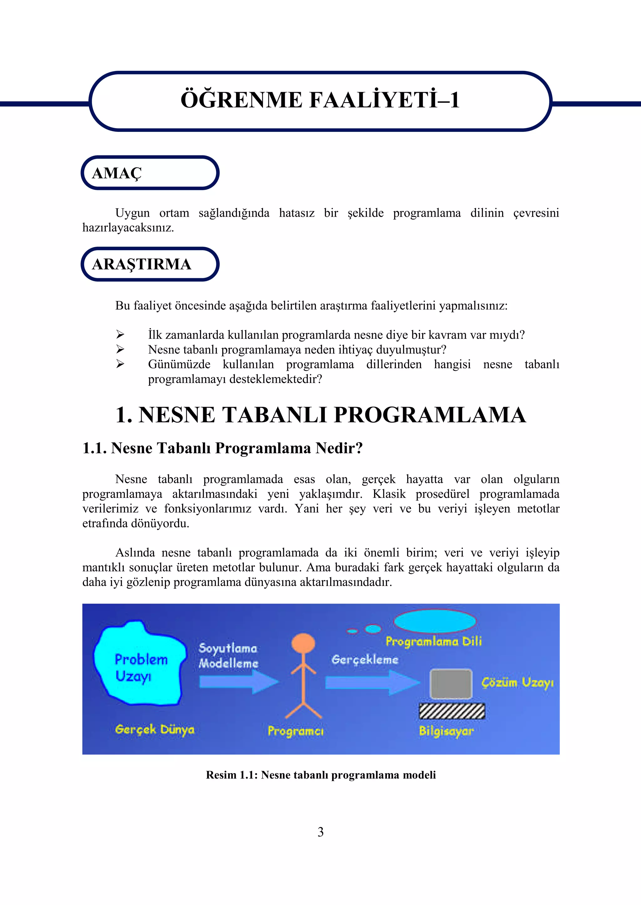 ÖĞRENME FAALİYETİ–1
                   ÖĞRENME FAALİYETİ–1
 AMAÇ

       Uygun ortam sağlandığında hatasız bir şekilde programlama dilinin çevresini
hazırlayacaksınız.

 ARAŞTIRMA

      Bu faaliyet öncesinde aşağıda belirtilen araştırma faaliyetlerini yapmalısınız:

           İlk zamanlarda kullanılan programlarda nesne diye bir kavram var mıydı?
           Nesne tabanlı programlamaya neden ihtiyaç duyulmuştur?
           Günümüzde kullanılan programlama dillerinden hangisi nesne tabanlı
            programlamayı desteklemektedir?


      1. NESNE TABANLI PROGRAMLAMA
1.1. Nesne Tabanlı Programlama Nedir?
       Nesne tabanlı programlamada esas olan, gerçek hayatta var olan olguların
programlamaya aktarılmasındaki yeni yaklaşımdır. Klasik prosedürel programlamada
verilerimiz ve fonksiyonlarımız vardı. Yani her şey veri ve bu veriyi işleyen metotlar
etrafında dönüyordu.

      Aslında nesne tabanlı programlamada da iki önemli birim; veri ve veriyi işleyip
mantıklı sonuçlar üreten metotlar bulunur. Ama buradaki fark gerçek hayattaki olguların da
daha iyi gözlenip programlama dünyasına aktarılmasındadır.




                        Resim 1.1: Nesne tabanlı programlama modeli



                                              3
 