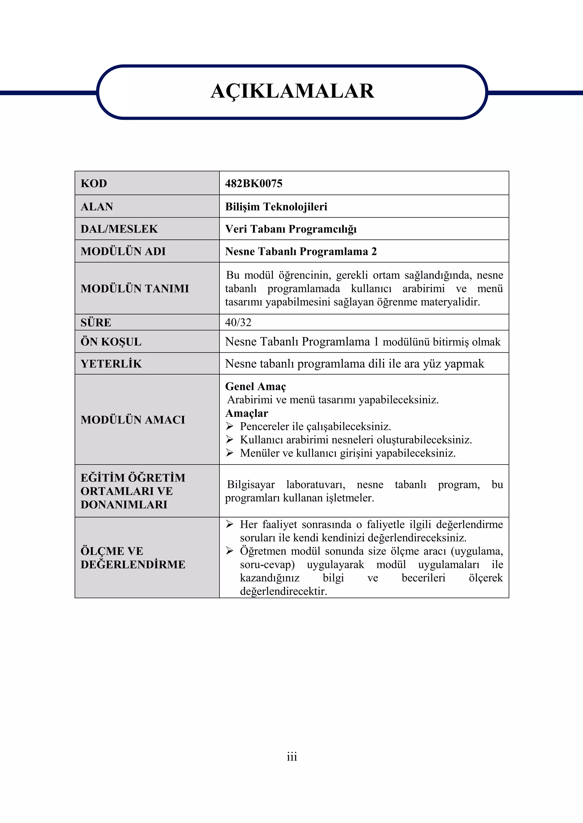 AÇIKLAMALAR
                 AÇIKLAMALAR

KOD               482BK0075
ALAN              Bilişim Teknolojileri
DAL/MESLEK        Veri Tabanı Programcılığı
MODÜLÜN ADI       Nesne Tabanlı Programlama 2

                  Bu modül öğrencinin, gerekli ortam sağlandığında, nesne
MODÜLÜN TANIMI    tabanlı programlamada kullanıcı arabirimi ve menü
                  tasarımı yapabilmesini sağlayan öğrenme materyalidir.
SÜRE              40/32
ÖN KOŞUL          Nesne Tabanlı Programlama 1 modülünü bitirmiş olmak
YETERLİK          Nesne tabanlı programlama dili ile ara yüz yapmak
                  Genel Amaç
                  Arabirimi ve menü tasarımı yapabileceksiniz.
                  Amaçlar
MODÜLÜN AMACI
                   Pencereler ile çalışabileceksiniz.
                   Kullanıcı arabirimi nesneleri oluşturabileceksiniz.
                   Menüler ve kullanıcı girişini yapabileceksiniz.

EĞİTİM ÖĞRETİM
                  Bilgisayar laboratuvarı, nesne tabanlı program, bu
ORTAMLARI VE
                  programları kullanan işletmeler.
DONANIMLARI
                   Her faaliyet sonrasında o faliyetle ilgili değerlendirme
                    soruları ile kendi kendinizi değerlendireceksiniz.
ÖLÇME VE           Öğretmen modül sonunda size ölçme aracı (uygulama,
DEĞERLENDİRME       soru-cevap) uygulayarak modül uygulamaları ile
                    kazandığınız       bilgi     ve     becerileri     ölçerek
                    değerlendirecektir.




                               iii
 