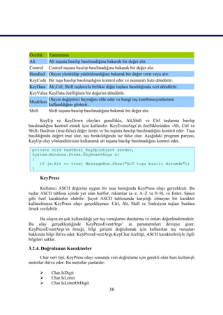Özellik Tanımlama
Alt       Alt tuşuna basılıp basılmadığına bakarak bir değer alır.
Control Control tuşuna basılıp basılmadığına bakarak bir değer alır.
Handled Olayın yürütülüp yürütülmediğine bakarak bir değer verir veya alır.
KeyCode Bir tuşa basılıp basılmadığını kontrol eder ve numaralı liste döndürür.
KeyData Alt,Ctrl, Shift tuşlarıyla birlikte diğer tuşlara basıldığında veri döndürür.
KeyValue KeyData özelliğinin bir değerini döndürür.
          Olayın değiştirici bayrağını elde eder ve hangi tuş kombinasyonlarının
Modifiers
          kullanıldığını gösterir.
Shift     Shift tuşuna basılıp basılmadığına bakarak bir değer alır.

       KeyUp ve KeyDown olayları genellikle, Alt,Shift ve Ctrl tuşlarına basılıp
basılmadığını kontrol etmek için kullanılır. KeyEventArgs’ın özelliklerinden -Alt, Ctrl ve
Shift- Boolean (true-false) değer üretir ve bu tuşlara basılıp basılmadığını kontrol eder. Tuşa
basıldığında değeri true olur, tuş bırakıldığında ise false olur. Aşağıdaki program parçası,
KeyUp olay yönlendiricisini kullanarak alt tuşuna basılıp basılmadığını kontrol eder.
  private void textBox1_KeyUp(object sender,
  System.Windows.Forms.KeyEventArgs e)
  {
     if (e.Alt == true) MessageBox.Show("ALT tuşu basılı durumda");
  }

      KeyPress

       Kullanıcı ASCII değerine uygun bir tuşa bastığında KeyPress olayı gerçekleşir. Bu
tuşlar ASCII tablosu içinde yer alan harfler, rakamlar (a–z, A–Z ve 0–9), ve Enter, Space
gibi özel karakterler olabilir. Şayet ASCII tablosunda karşılığı olmayan bir karakter
kullanılmışsa KeyPress olayı gerçekleşmez. Ctrl, Alt, Shift ve fonksiyon tuşları bunlara
örnek verilebilir.

       Bu olayın en çok kullanıldığı yer tuş vuruşlarını durdurma ve onları değerlendirmektir.
Bu olay gerçekleştiğinde KeyPressEventArgs’ ın parametreleri devreye girer.
KeyPressEventArgs’ın örneği, bilgi girişini doğrulamak için kullanılan tuş vuruşları
hakkında bilgi ihtiva eder. KeyPressEventArgs.KeyChar özelliği, ASCII karakterleriyle ilgili
bilgileri saklar.

3.2.4. Doğrulanan Karakterler
      Char veri tipi, KeyPress olayı sonunda veri doğrulama için gerekli olan bazı kullanışlı
metotlar ihtiva eder. Bu metotlar şunlardır:

            Char.IsDigit
            Char.IsLetter
            Char.IsLetterOrDigit
                                              38
 