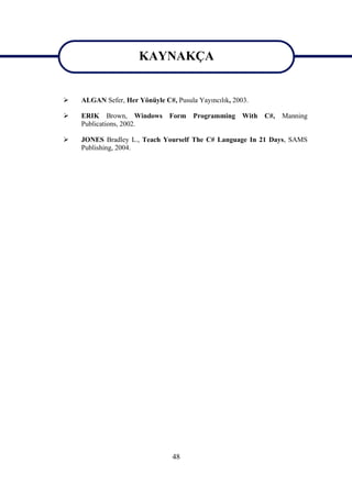 KAYNAKÇA
                      KAYNAKÇA
   ALGAN Sefer, Her Yönüyle C#, Pusula Yayıncılık, 2003.

   ERIK Brown, Windows        Form Programming With C#,     Manning
    Publications, 2002.

   JONES Bradley L., Teach Yourself The C# Language In 21 Days, SAMS
    Publishing, 2004.




                                48
 