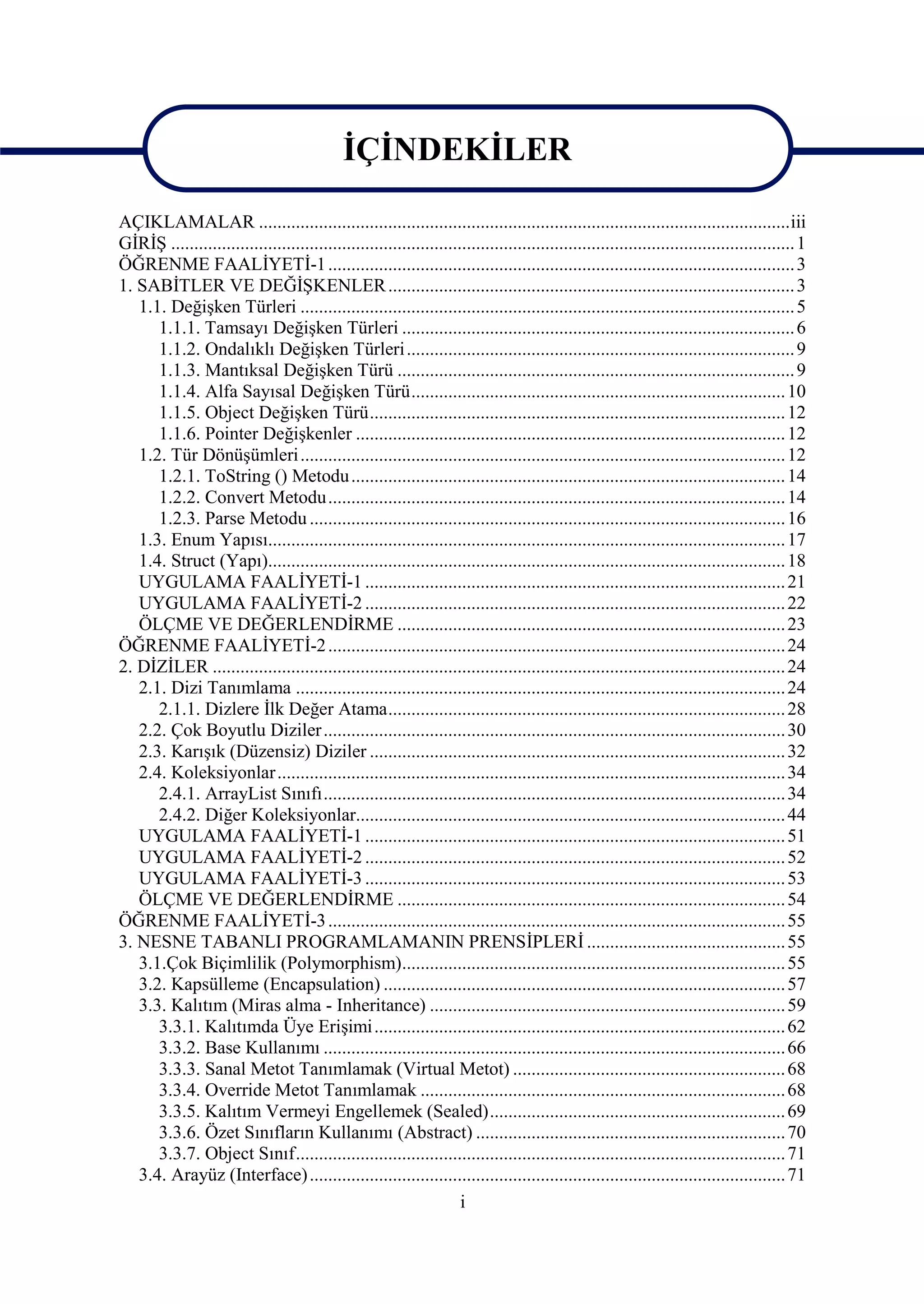 İÇİNDEKİLER

AÇIKLAMALAR ...................................................................................................................iii
GİRİŞ ....................................................................................................................................... 1
ÖĞRENME FAALİYETİ-1 ..................................................................................................... 3
1. SABİTLER VE DEĞİŞKENLER ........................................................................................ 3
   1.1. Değişken Türleri ........................................................................................................... 5
      1.1.1. Tamsayı Değişken Türleri ..................................................................................... 6
      1.1.2. Ondalıklı Değişken Türleri .................................................................................... 9
      1.1.3. Mantıksal Değişken Türü ...................................................................................... 9
      1.1.4. Alfa Sayısal Değişken Türü................................................................................. 10
      1.1.5. Object Değişken Türü.......................................................................................... 12
      1.1.6. Pointer Değişkenler ............................................................................................. 12
   1.2. Tür Dönüşümleri ......................................................................................................... 12
      1.2.1. ToString () Metodu .............................................................................................. 14
      1.2.2. Convert Metodu................................................................................................... 14
      1.2.3. Parse Metodu ....................................................................................................... 16
   1.3. Enum Yapısı................................................................................................................ 17
   1.4. Struct (Yapı)................................................................................................................ 18
   UYGULAMA FAALİYETİ-1 ........................................................................................... 21
   UYGULAMA FAALİYETİ-2 ........................................................................................... 22
   ÖLÇME VE DEĞERLENDİRME .................................................................................... 23
ÖĞRENME FAALİYETİ-2 ................................................................................................... 24
2. DİZİLER ............................................................................................................................ 24
   2.1. Dizi Tanımlama .......................................................................................................... 24
      2.1.1. Dizlere İlk Değer Atama...................................................................................... 28
   2.2. Çok Boyutlu Diziler .................................................................................................... 30
   2.3. Karışık (Düzensiz) Diziler .......................................................................................... 32
   2.4. Koleksiyonlar.............................................................................................................. 34
      2.4.1. ArrayList Sınıfı.................................................................................................... 34
      2.4.2. Diğer Koleksiyonlar............................................................................................. 44
   UYGULAMA FAALİYETİ-1 ........................................................................................... 51
   UYGULAMA FAALİYETİ-2 ........................................................................................... 52
   UYGULAMA FAALİYETİ-3 ........................................................................................... 53
   ÖLÇME VE DEĞERLENDİRME .................................................................................... 54
ÖĞRENME FAALİYETİ-3 ................................................................................................... 55
3. NESNE TABANLI PROGRAMLAMANIN PRENSİPLERİ ........................................... 55
   3.1.Çok Biçimlilik (Polymorphism)................................................................................... 55
   3.2. Kapsülleme (Encapsulation) ....................................................................................... 57
   3.3. Kalıtım (Miras alma - Inheritance) ............................................................................. 59
      3.3.1. Kalıtımda Üye Erişimi ......................................................................................... 62
      3.3.2. Base Kullanımı .................................................................................................... 66
      3.3.3. Sanal Metot Tanımlamak (Virtual Metot) ........................................................... 68
      3.3.4. Override Metot Tanımlamak ............................................................................... 68
      3.3.5. Kalıtım Vermeyi Engellemek (Sealed)................................................................ 69
      3.3.6. Özet Sınıfların Kullanımı (Abstract) ................................................................... 70
      3.3.7. Object Sınıf.......................................................................................................... 71
   3.4. Arayüz (Interface) ....................................................................................................... 71
                                                                     i
 