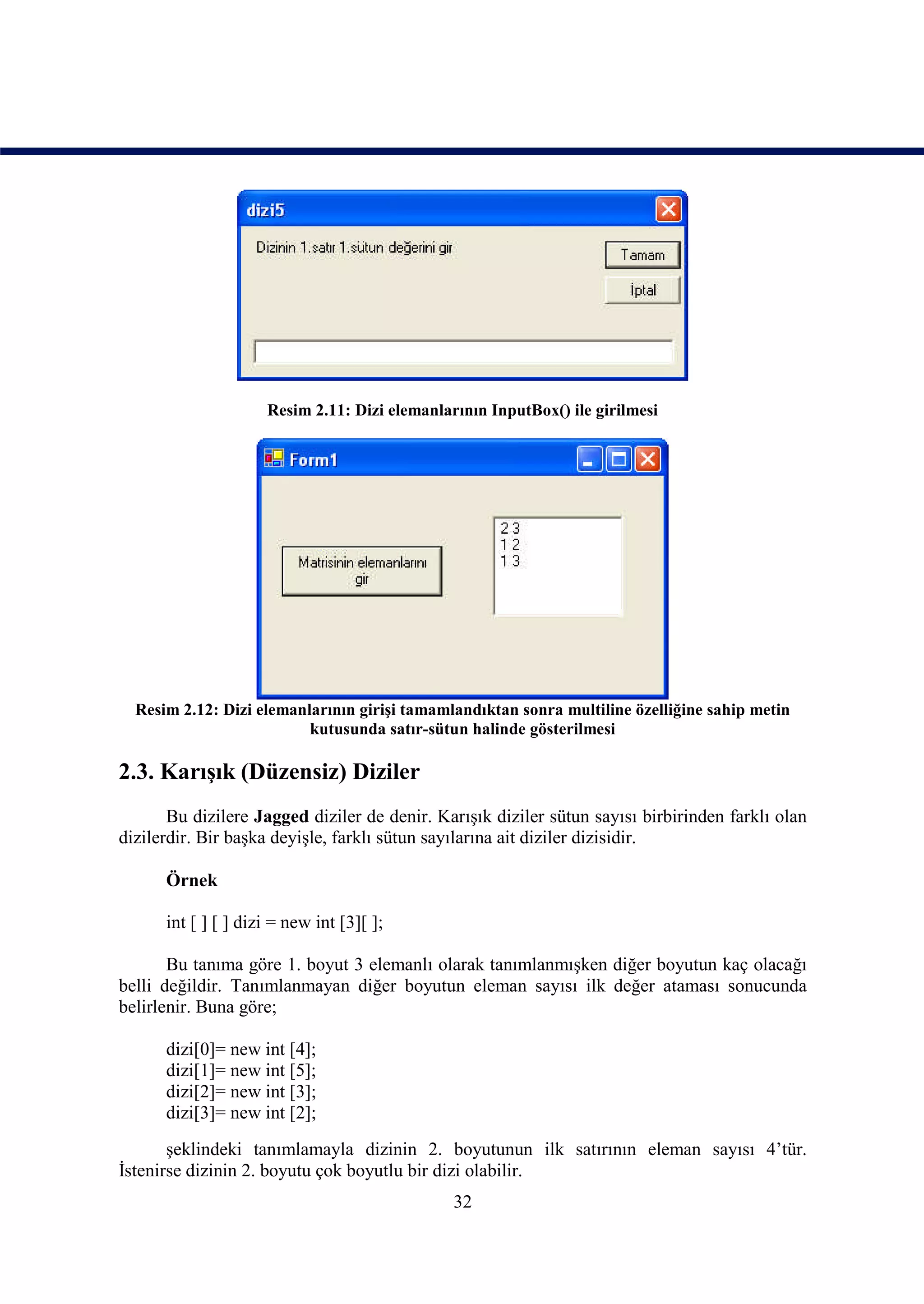 Resim 2.11: Dizi elemanlarının InputBox() ile girilmesi




  Resim 2.12: Dizi elemanlarının girişi tamamlandıktan sonra multiline özelliğine sahip metin
                          kutusunda satır-sütun halinde gösterilmesi

2.3. Karışık (Düzensiz) Diziler
       Bu dizilere Jagged diziler de denir. Karışık diziler sütun sayısı birbirinden farklı olan
dizilerdir. Bir başka deyişle, farklı sütun sayılarına ait diziler dizisidir.

      Örnek

      int [ ] [ ] dizi = new int [3][ ];

       Bu tanıma göre 1. boyut 3 elemanlı olarak tanımlanmışken diğer boyutun kaç olacağı
belli değildir. Tanımlanmayan diğer boyutun eleman sayısı ilk değer ataması sonucunda
belirlenir. Buna göre;

      dizi[0]= new int [4];
      dizi[1]= new int [5];
      dizi[2]= new int [3];
      dizi[3]= new int [2];
       şeklindeki tanımlamayla dizinin 2. boyutunun ilk satırının eleman sayısı 4’tür.
İstenirse dizinin 2. boyutu çok boyutlu bir dizi olabilir.
                                               32
 