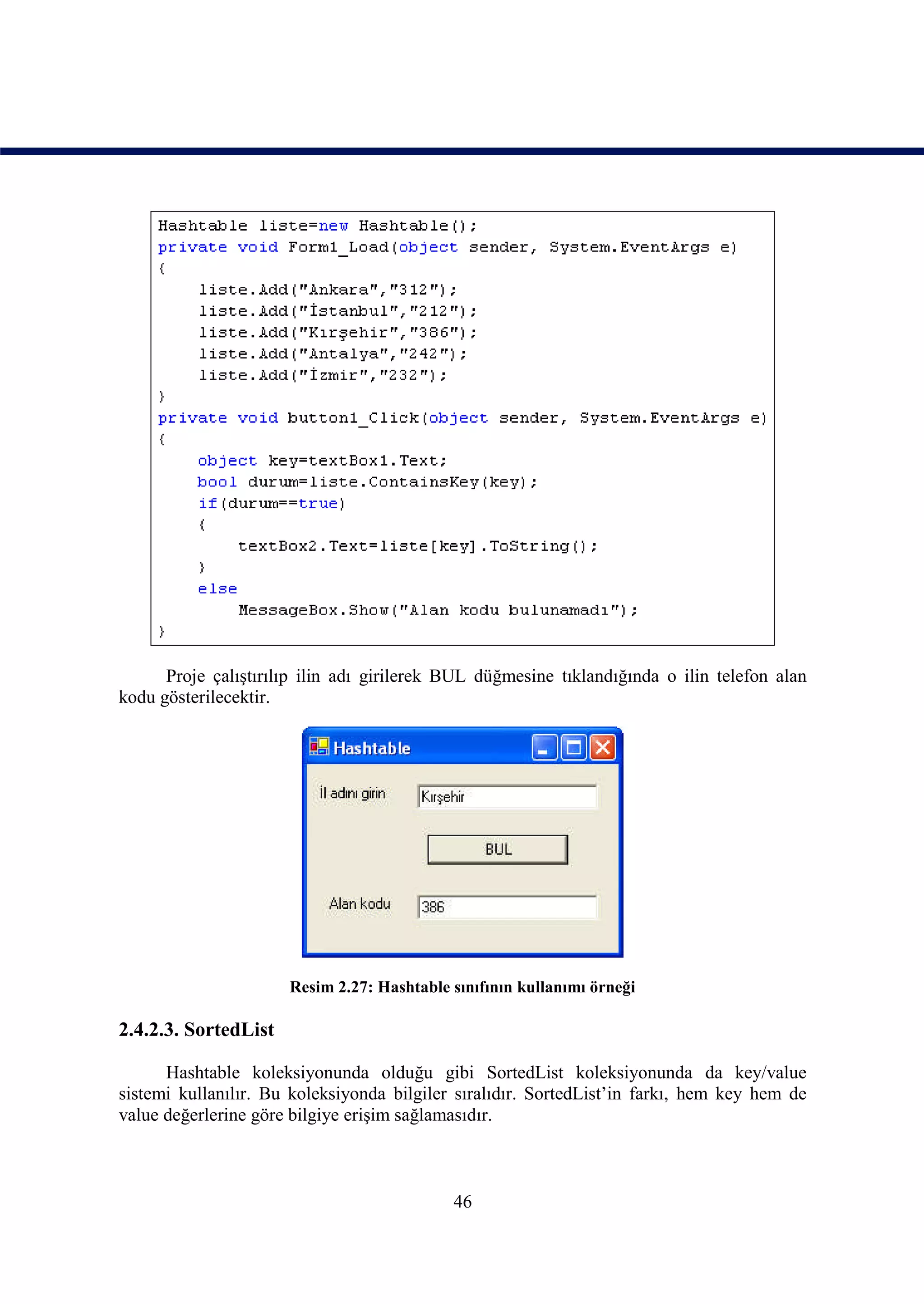 Proje çalıştırılıp ilin adı girilerek BUL düğmesine tıklandığında o ilin telefon alan
kodu gösterilecektir.




                      Resim 2.27: Hashtable sınıfının kullanımı örneği

2.4.2.3. SortedList

      Hashtable koleksiyonunda olduğu gibi SortedList koleksiyonunda da key/value
sistemi kullanılır. Bu koleksiyonda bilgiler sıralıdır. SortedList’in farkı, hem key hem de
value değerlerine göre bilgiye erişim sağlamasıdır.



                                            46
 