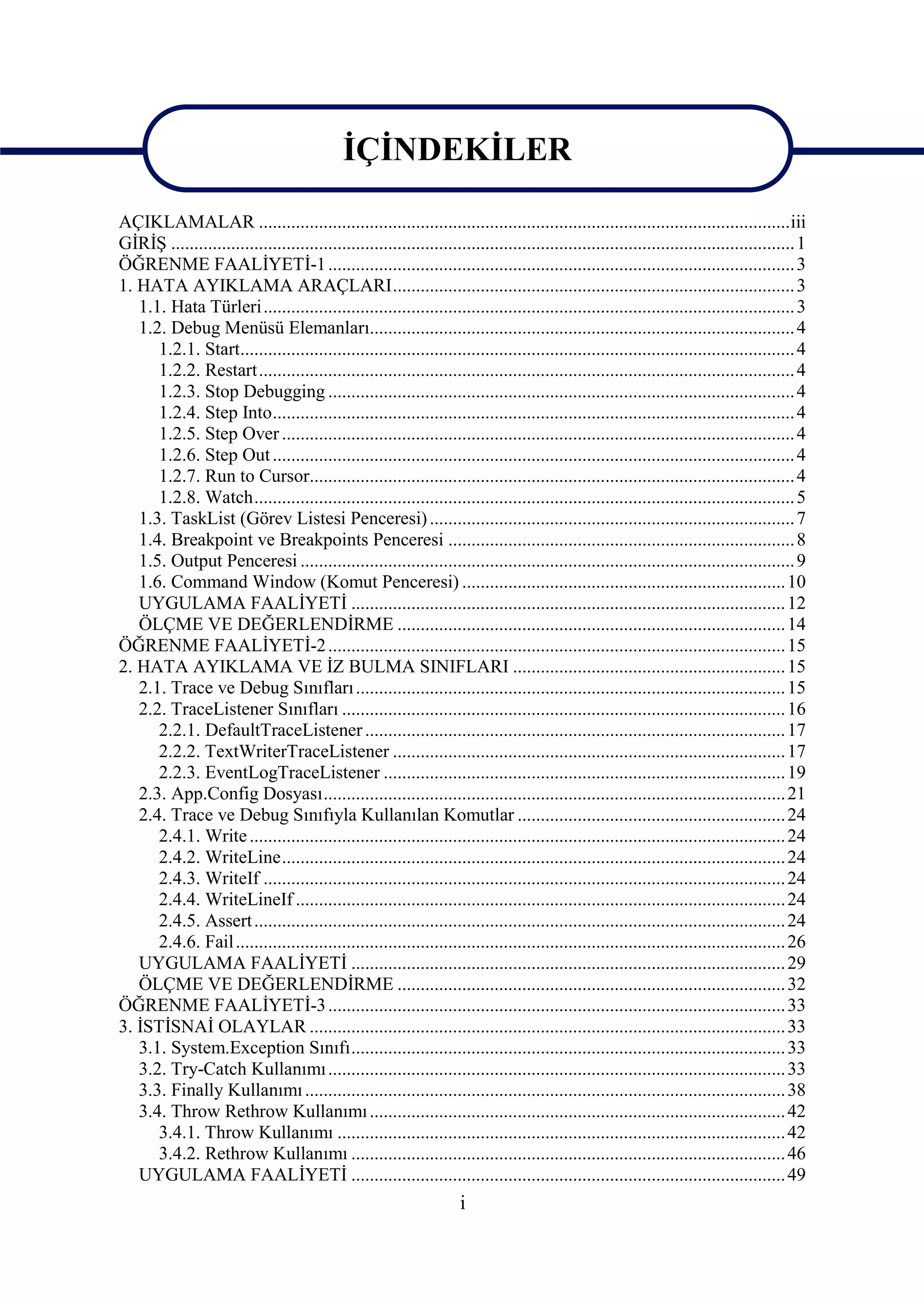 İÇİNDEKİLER

AÇIKLAMALAR ...................................................................................................................iii
GİRİŞ ....................................................................................................................................... 1
ÖĞRENME FAALİYETİ-1 ..................................................................................................... 3
1. HATA AYIKLAMA ARAÇLARI....................................................................................... 3
   1.1. Hata Türleri................................................................................................................... 3
   1.2. Debug Menüsü Elemanları............................................................................................ 4
      1.2.1. Start........................................................................................................................ 4
      1.2.2. Restart.................................................................................................................... 4
      1.2.3. Stop Debugging ..................................................................................................... 4
      1.2.4. Step Into................................................................................................................. 4
      1.2.5. Step Over ............................................................................................................... 4
      1.2.6. Step Out ................................................................................................................. 4
      1.2.7. Run to Cursor......................................................................................................... 4
      1.2.8. Watch..................................................................................................................... 5
   1.3. TaskList (Görev Listesi Penceresi) ............................................................................... 7
   1.4. Breakpoint ve Breakpoints Penceresi ........................................................................... 8
   1.5. Output Penceresi ........................................................................................................... 9
   1.6. Command Window (Komut Penceresi) ...................................................................... 10
   UYGULAMA FAALİYETİ .............................................................................................. 12
   ÖLÇME VE DEĞERLENDİRME .................................................................................... 14
ÖĞRENME FAALİYETİ-2 ................................................................................................... 15
2. HATA AYIKLAMA VE İZ BULMA SINIFLARI ........................................................... 15
   2.1. Trace ve Debug Sınıfları ............................................................................................. 15
   2.2. TraceListener Sınıfları ................................................................................................ 16
      2.2.1. DefaultTraceListener ........................................................................................... 17
      2.2.2. TextWriterTraceListener ..................................................................................... 17
      2.2.3. EventLogTraceListener ....................................................................................... 19
   2.3. App.Config Dosyası.................................................................................................... 21
   2.4. Trace ve Debug Sınıfıyla Kullanılan Komutlar .......................................................... 24
      2.4.1. Write .................................................................................................................... 24
      2.4.2. WriteLine............................................................................................................. 24
      2.4.3. WriteIf ................................................................................................................. 24
      2.4.4. WriteLineIf .......................................................................................................... 24
      2.4.5. Assert ................................................................................................................... 24
      2.4.6. Fail ....................................................................................................................... 26
   UYGULAMA FAALİYETİ .............................................................................................. 29
   ÖLÇME VE DEĞERLENDİRME .................................................................................... 32
ÖĞRENME FAALİYETİ-3 ................................................................................................... 33
3. İSTİSNAİ OLAYLAR ....................................................................................................... 33
   3.1. System.Exception Sınıfı.............................................................................................. 33
   3.2. Try-Catch Kullanımı ................................................................................................... 33
   3.3. Finally Kullanımı ........................................................................................................ 38
   3.4. Throw Rethrow Kullanımı .......................................................................................... 42
      3.4.1. Throw Kullanımı ................................................................................................. 42
      3.4.2. Rethrow Kullanımı .............................................................................................. 46
   UYGULAMA FAALİYETİ .............................................................................................. 49
                                                                       i
 