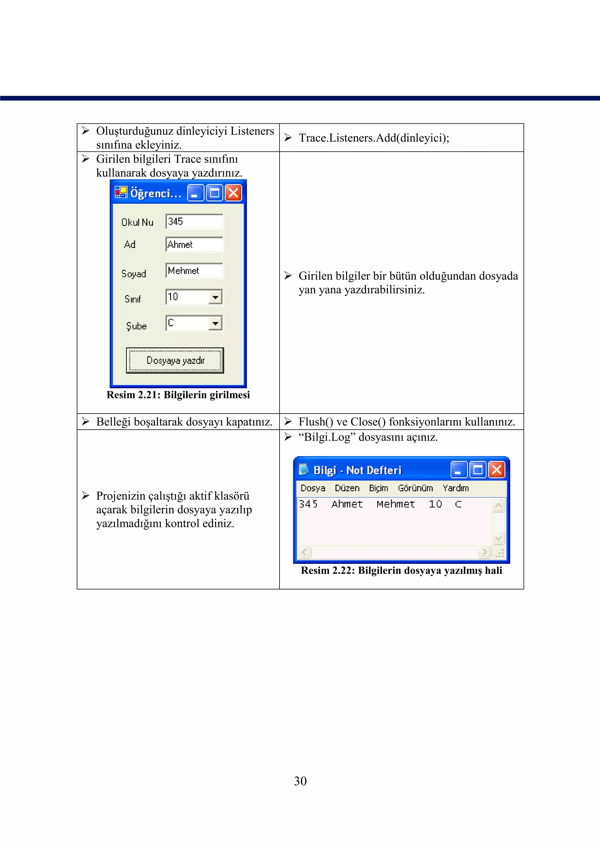  Oluşturduğunuz dinleyiciyi Listeners
                                        Trace.Listeners.Add(dinleyici);
  sınıfına ekleyiniz.
 Girilen bilgileri Trace sınıfını
  kullanarak dosyaya yazdırınız.




                                         Girilen bilgiler bir bütün olduğundan dosyada
                                          yan yana yazdırabilirsiniz.




     Resim 2.21: Bilgilerin girilmesi

 Belleği boşaltarak dosyayı kapatınız.  Flush() ve Close() fonksiyonlarını kullanınız.
                                         “Bilgi.Log” dosyasını açınız.



 Projenizin çalıştığı aktif klasörü
  açarak bilgilerin dosyaya yazılıp
  yazılmadığını kontrol ediniz.


                                            Resim 2.22: Bilgilerin dosyaya yazılmış hali




                                           30
 