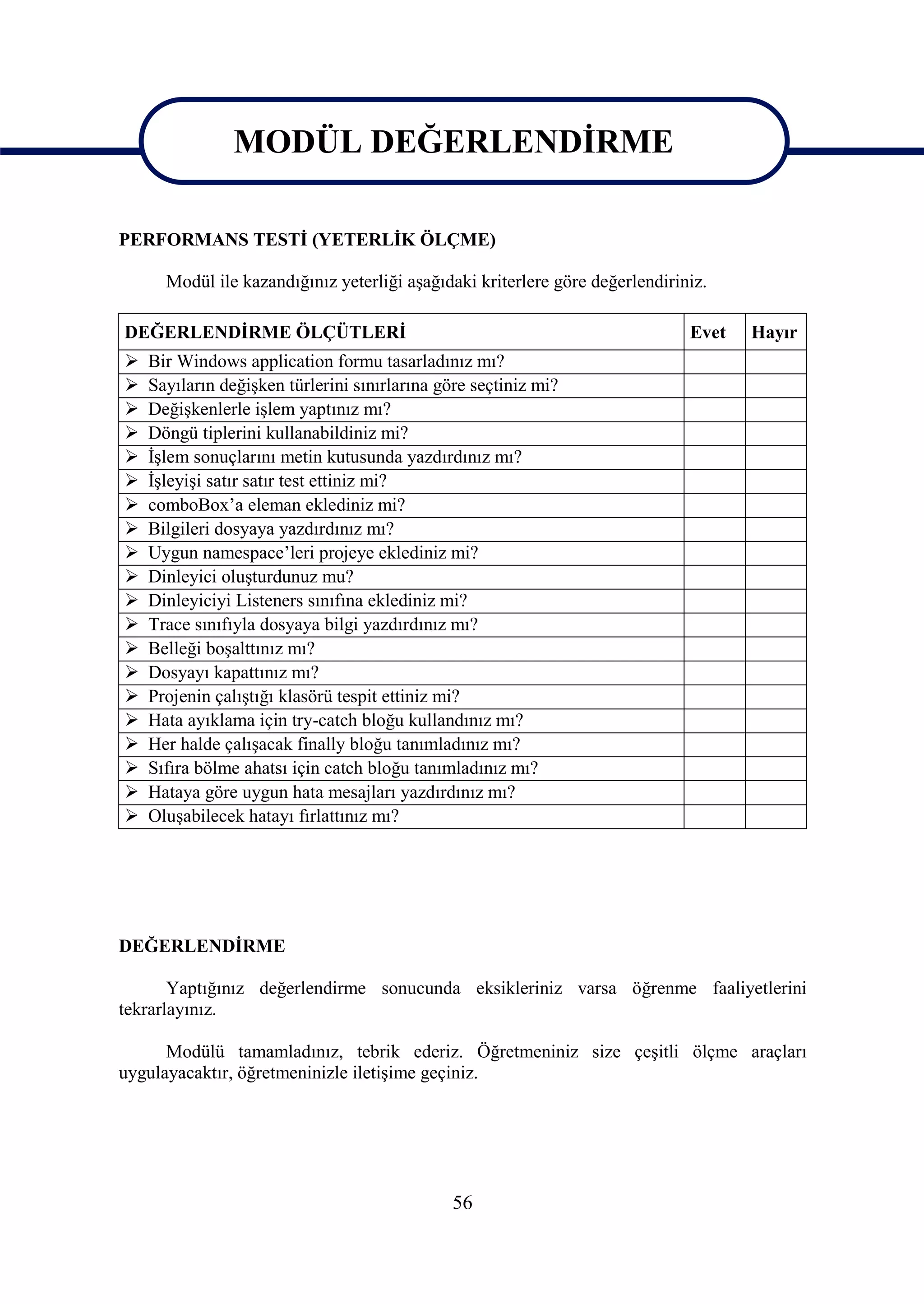 MODÜL DEĞERLENDİRME

PERFORMANS TESTİ (YETERLİK ÖLÇME)

      Modül ile kazandığınız yeterliği aşağıdaki kriterlere göre değerlendiriniz.

DEĞERLENDİRME ÖLÇÜTLERİ                                                       Evet   Hayır
   Bir Windows application formu tasarladınız mı?
   Sayıların değişken türlerini sınırlarına göre seçtiniz mi?
   Değişkenlerle işlem yaptınız mı?
   Döngü tiplerini kullanabildiniz mi?
   İşlem sonuçlarını metin kutusunda yazdırdınız mı?
   İşleyişi satır satır test ettiniz mi?
   comboBox’a eleman eklediniz mi?
   Bilgileri dosyaya yazdırdınız mı?
   Uygun namespace’leri projeye eklediniz mi?
   Dinleyici oluşturdunuz mu?
   Dinleyiciyi Listeners sınıfına eklediniz mi?
   Trace sınıfıyla dosyaya bilgi yazdırdınız mı?
   Belleği boşalttınız mı?
   Dosyayı kapattınız mı?
   Projenin çalıştığı klasörü tespit ettiniz mi?
   Hata ayıklama için try-catch bloğu kullandınız mı?
   Her halde çalışacak finally bloğu tanımladınız mı?
   Sıfıra bölme ahatsı için catch bloğu tanımladınız mı?
   Hataya göre uygun hata mesajları yazdırdınız mı?
   Oluşabilecek hatayı fırlattınız mı?




DEĞERLENDİRME

       Yaptığınız değerlendirme sonucunda eksikleriniz varsa öğrenme faaliyetlerini
tekrarlayınız.

      Modülü tamamladınız, tebrik ederiz. Öğretmeniniz size çeşitli ölçme araçları
uygulayacaktır, öğretmeninizle iletişime geçiniz.




                                               56
 