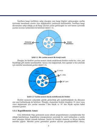 Sınıfların hangi özelliklere sahip olacağını yani hangi bilgileri saklayacağını sınıflar
içerisinde tanımlanan alanlar (üye değişkenleri) yardımıyla belirlenebilir. Sınıfların hangi
davranışlara sahip olduğu ya da hangi işlevleri yerine getireceğini ise sınıf tanımı içerisinde
yazılan metotlar (yöntemler) ile belirlenir (Şekil 1.1) .




                         Şekil 1.1: Bir yazılım nesnesi ilk örneği (sınıf)
      Örneğin, bir bisikleti yazılım nesnesi olarak modellersek bisiklet sınıfta hız, vites, jant
büyüklüğü gibi alanlar tanımlanabilir. Ayrıca vites değiştirmek, fren yapmak ve hızı artırmak
için metotlar tanımlamak gerekir (Şekil 1.2).




                   Şekil 1.2: Yazılım nesnesi olarak modellenmiş bir bisiklet
       Bisiklet nesnesini yukarıdaki şekilde gösterildiği gibi modellendiğinde dış dünyanın
onu nasıl kullanılacağı da belirlenir. Örneğin, oluşturulan bisiklet örneğinin 18 vitesi varsa
vitesi değiştirmek için yazılan metodun 1’den küçük ve 18’ den büyük sayıları kabul
etmemesi gerekir.

1.1.1. Kapsüllemenin Amacı
       Giriş bölümünde bilgi gizlemenin nesne tabanlı programlamanın avantajlarından biri
olduğu hatırlatılmıştı. Kapsülleme (encapsulation) sayesinde bir sınıfı kullanırken o sınıfın
nasıl çalıştığını bilmek zorunda kalınmaz. Sınıfın bir örneğini oluşturur ve ihtiyaç duyulan
metotlar çağrılır. Metotlar yerine getirmeleri gereken işlevleri gerçekleştirdikleri sürece,

                                                5
 