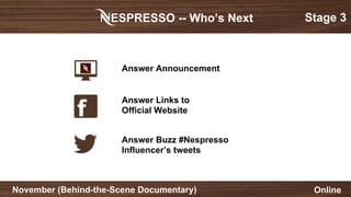 ESPRESSO -- Who’s Next
November (Behind-the-Scene Documentary) Online
Answer Announcement
Answer Links to
Official Website
Answer Buzz #Nespresso
Influencer’s tweets
Stage 3
 