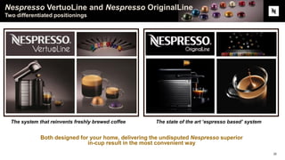 Nespresso VertuoLine and Nespresso OriginalLine
Two differentiated positionings
22
The system that reinvents freshly brewed coffee The state of the art ‘espresso based’ system
Both designed for your home, delivering the undisputed Nespresso superior
in-cup result in the most convenient way
 