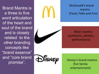 McDonald’s brand
mantra
(Food, Folks and Fun)
Nike’s mantra
(authentic, athletic,
performance)
D
Disney’s brand mantra
(fun family
entertainment)
Brand Mantra is
a three to five
word articulation
of the heart and
soul of the brand
and is closely
related to the
other branding
concepts like
“brand essence”
and “core brand
promise”.
 
