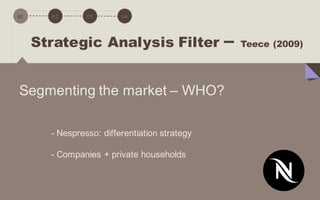 01 02 03 04 05 06 07 08 09
Strategic Analysis Filter – Teece (2009)
Segmenting the market – WHO?
- Nespresso: differentiation strategy
- Companies + private households
 