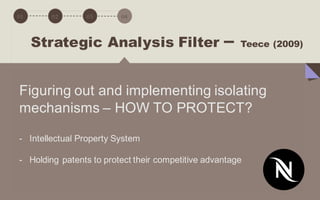 01 02 03 04 05 06 07 08 09
Strategic Analysis Filter – Teece (2009)
Figuring out and implementing isolating
mechanisms – HOW TO PROTECT?
- Intellectual Property System
- Holding patents to protect their competitive advantage
 