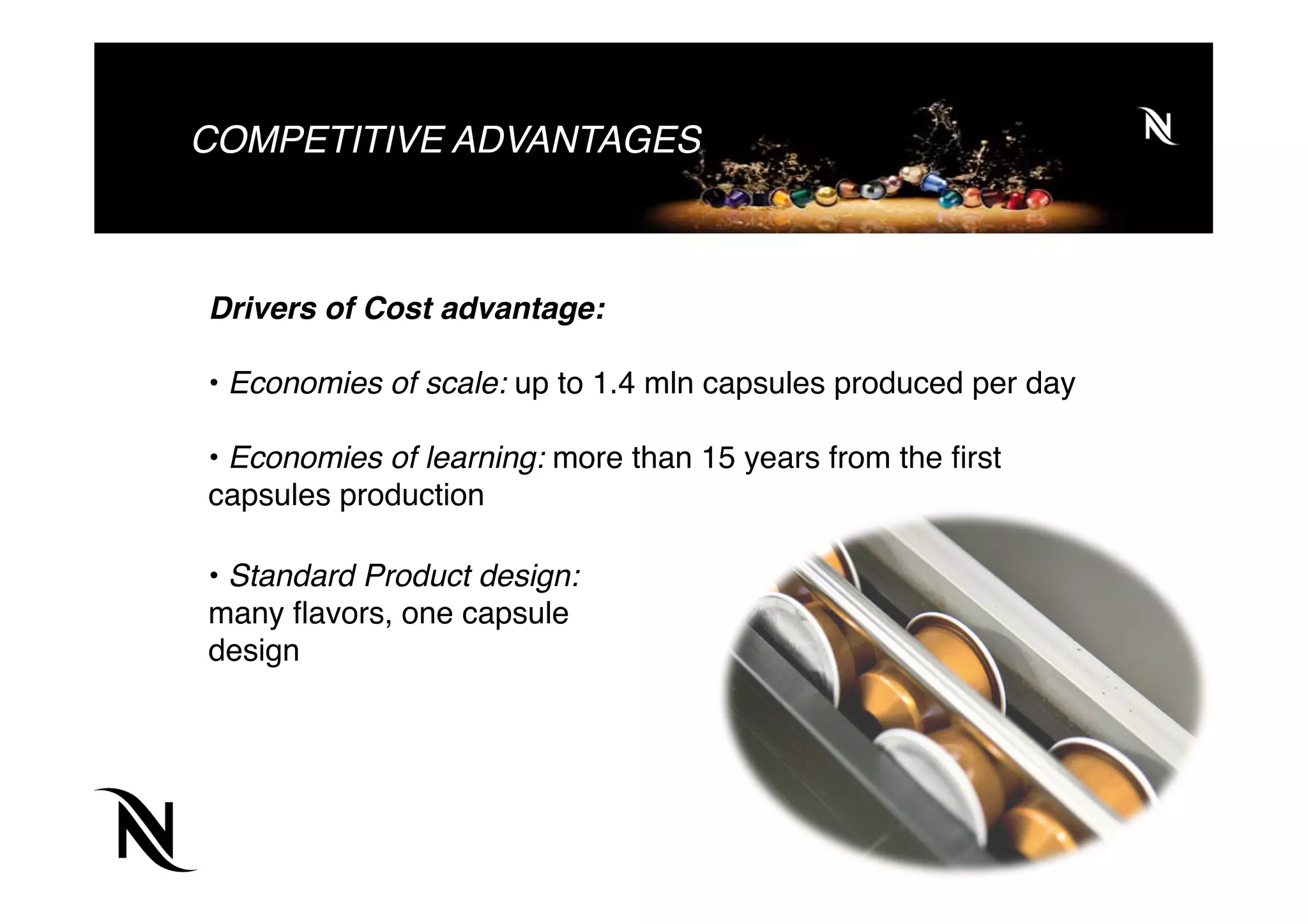 COMPETITIVE ADVANTAGES
Drivers of Cost advantage:
• Economies of scale: up to 1.4 mln capsules produced per day
• Economies of learning: more than 15 years from the ﬁrst
capsules production
• Standard Product design:
many ﬂavors, one capsule
design
 