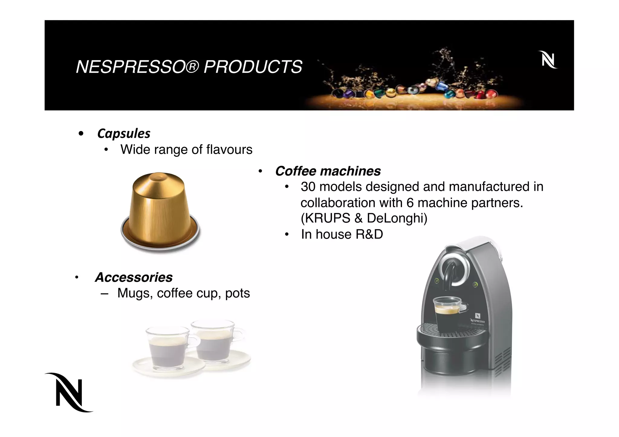 NESPRESSO® PRODUCTS
•  Coffee machines
•  30 models designed and manufactured in
collaboration with 6 machine partners.
(KRUPS & DeLonghi)
•  In house R&D
•  Capsules	
  	
  
•  Wide range of ﬂavours
•  Accessories
–  Mugs, coffee cup, pots
 