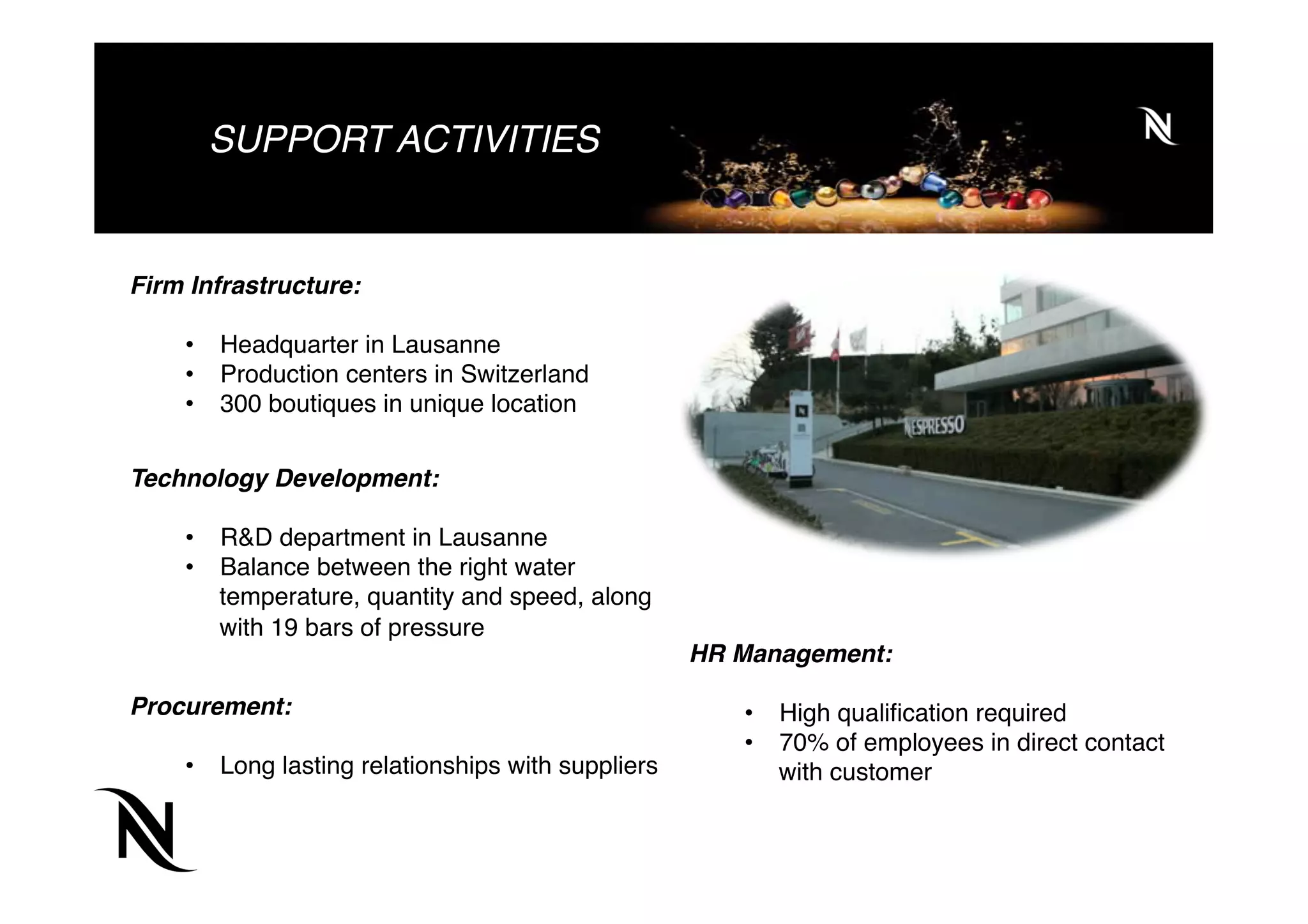 SUPPORT ACTIVITIES
Firm Infrastructure:
•  Headquarter in Lausanne
•  Production centers in Switzerland
•  300 boutiques in unique location
HR Management:
•  High qualiﬁcation required
•  70% of employees in direct contact
with customer
Technology Development:
•  R&D department in Lausanne
•  Balance between the right water
temperature, quantity and speed, along
with 19 bars of pressure
Procurement:
•  Long lasting relationships with suppliers
 