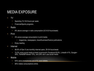 MEDIA EXPOSURE
• TV
• Spending 15-18.8 hours per week.
• Financial/Sports programs.
• Radio
• 8% above average in radio consumption (6.5-6.8 hours/week)
• Print
• 4% acove average consumption in print media
• magazines, newspapers, travel/business/finance publications
• Enjoy reading
• Internet
• 88.8% of Gen X are monthly internet users. 29-34 hours/weak.
• 74.5% using social media at least once/month (Facebook 65.6%, LinkedIn 41%, Google+
29%, Twitter&Pinterest 10%), and 28% don’t use social media
• Mobile
• 63% owns smartphones and 41% owns tablets
• 80% makes consumptions online.
 
