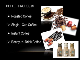 COFFEE PRODUCTS
 Roasted Coffee
 Single –Cup Coffee
 Instant Coffee
 Ready-to- Drink Coffee
 
