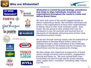 Who are XPotential?
XPotential is a brand focused strategy consultancy
that helps to align individuals, functions and
organisations throughout the world to create and
deliver Brand Value.
We work with some of the world’s biggest brands to
deliver outstanding results. We orientate individuals and
teams in the organisations to focus their responsibilities
to deliver value to their most important asset - their
brand. We are proud to have worked with over 30
companies in over 50 countries and touched tens of
thousands of individuals, delivering some of their most
impressive business results.
We do this through working closely with the leadership of
organisations to develop Brand Centric Vision and
Strategy through a deep understand of the challenges
and opportunities for the Brands and the Company, the
Brand Vision and the key audience for change.
We then design and implement a programme of brand
centric change including communication, engagement,
training and follow up. We have worked both cross
functionally and also through specific areas including
sales, supply chain, innovation, marketing, R&D, finance
and HR.
©XPotential 2011

28

 
