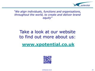 “We align individuals, functions and organisations,
throughout the world, to create and deliver brand
equity”

Take a look at our website
to find out more about us:
www.xpotential.co.uk

©XPotential 2014

29

 