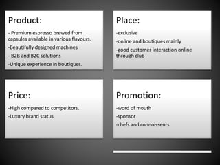 Product:
- Premium espresso brewed from
capsules available in various flavours.
-Beautifully designed machines
- B2B and B2C solutions
-Unique experience in boutiques.
Place:
-exclusive
-online and boutiques mainly
-good customer interaction online
through club
Price:
-High compared to competitors.
-Luxury brand status
Promotion:
-word of mouth
-sponsor
-chefs and connoisseurs
 