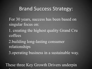 Brand Success Strategy:
For 30 years, success has been based on
singular focus on:
1. creating the highest quality Grand Cru
coffees
2.building long-lasting consumer
relationships
3.operating business in a sustainable way.
These three Key Growth Drivers underpin
 
