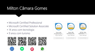 Milton Câmara Gomes
• Microsoft Certified Professional
• Microsoft Certified Solution Associate
• 14 anos com tecnologia
• 9 anos com turismo
 