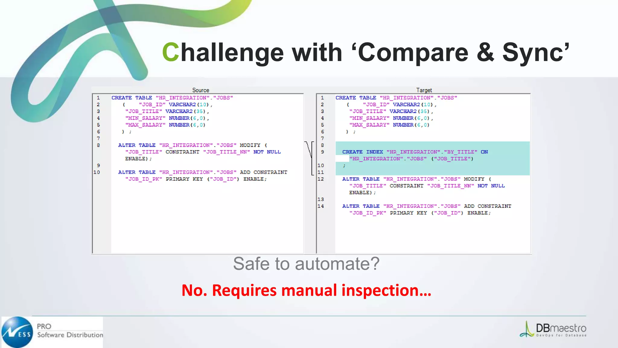 Safe to automate?
No. Requires manual inspection…
Challenge with ‘Compare & Sync’
 