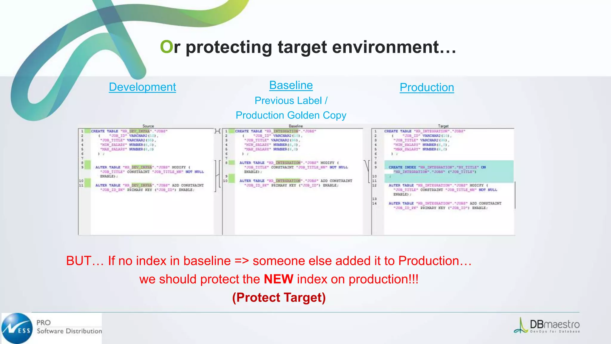 Development Baseline
Previous Label /
Production Golden Copy
Production
BUT… If no index in baseline => someone else added it to Production…
we should protect the NEW index on production!!!
(Protect Target)
Or protecting target environment…
 