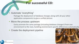  Automate “everything”
– Package the deployment of database changes along with all your other
application components to give a unified picture
 Move the process upstream
– Easily promote the same package (including database changes!) from one
environment to the next, handling environment-specific differences automatically
 Create the deployment pipeline
For successful CD:
 