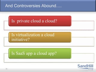 And Controversies Abound….
22
Is private cloud a cloud?
Is virtualization a cloud
initiative?
Is SaaS app a cloud app?
 