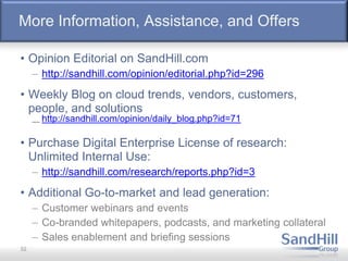 More Information, Assistance, and Offers
• Opinion Editorial on SandHill.com
– http://sandhill.com/opinion/editorial.php?id=296
• Weekly Blog on cloud trends, vendors, customers,
people, and solutions
–http://sandhill.com/opinion/daily_blog.php?id=71
• Purchase Digital Enterprise License of research:
Unlimited Internal Use:
– http://sandhill.com/research/reports.php?id=3
• Additional Go-to-market and lead generation:
– Customer webinars and events
– Co-branded whitepapers, podcasts, and marketing collateral
– Sales enablement and briefing sessions
52
 