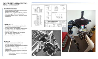 EXPLORATION of PROSTHETICS
R&D for EXOSKELETON
RESPONSIBILITIES
• Researched and Developed open source prosthetics
and electronic hardware design
• Benchtop testing using Arduino, MyDaq, LabView
• Material testing for additive manufacturing
• Prototyped a tethered glove for interaction between
user and robot
OBJECTIVES
• To study open source prosthetics regarding their
function with human imposed goals
• To further research and develop an upper extremity
exoskeleton system that could actively increase
human functionality
• Electronic sensor integration and fast response
glove integrating across all servos
• Manufacturability and material sourcing
RESULTS
• Formlabs resins increased durability with
significant payload increase to servos
• PLA was found to be quick and an iterative material
with a short mechanical life span
• Electromyogram sensors and flex sensors varied in
response times
• Additional materials where used in the exploration
for robotic actuation, such as
• Kevlar, silicone elastomers, Flexional, and
flexible filaments
 
