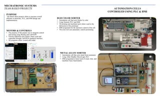 MECHATRONIC SYSTEMS
TEAM BASED PROJECTS AUTOMATION CELLS
CONTROLED USING PLC & HMI
METALALLOY SORTER
• Automation cell that sorts metal from nonmetals
• Using Allen Bradley MicroLogix PLC
• HMI programed to keep track of count, time, and
machines basic functionality
RGB COLOR SORTER
• Automation cell that sorts blocks by color
• Using Siemens PLC and HMI
• 3D printing and machined parts where used in the
fabrication of the prototype
• HMI programed for the operators control of the cell
• The arms tool uses pneumatic control positioning
MOTORS & CONTROLS
• The purpose of this project was to integrate control
and testing using MyDaq and LabVIEW
• Various industrial style motors where used and
controlled through LabVIEW graphical interface
• All programs where created and coded
PURPOSE
The below three projects where to increase overall
efficient in electronic, PLC, and HMI design and
implementation.
 