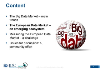 Content
 The Big Data Market – main
trends
 The European Data Market –
an emerging ecosystem
 Measuring the European Data
Market – a challenge
 Issues for discussion: a
community effort
© IDC Visit us at IDC.com and follow us on Twitter: @IDC 6
 