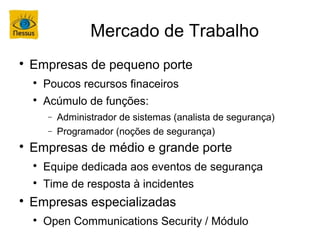Mercado de Trabalho

    Empresas de pequeno porte
    
        Poucos recursos finaceiros
    
        Acúmulo de funções:
        −   Administrador de sistemas (analista de segurança)
        −   Programador (noções de segurança)

    Empresas de médio e grande porte
    
        Equipe dedicada aos eventos de segurança
    
        Time de resposta à incidentes

    Empresas especializadas
    
        Open Communications Security / Módulo
 
