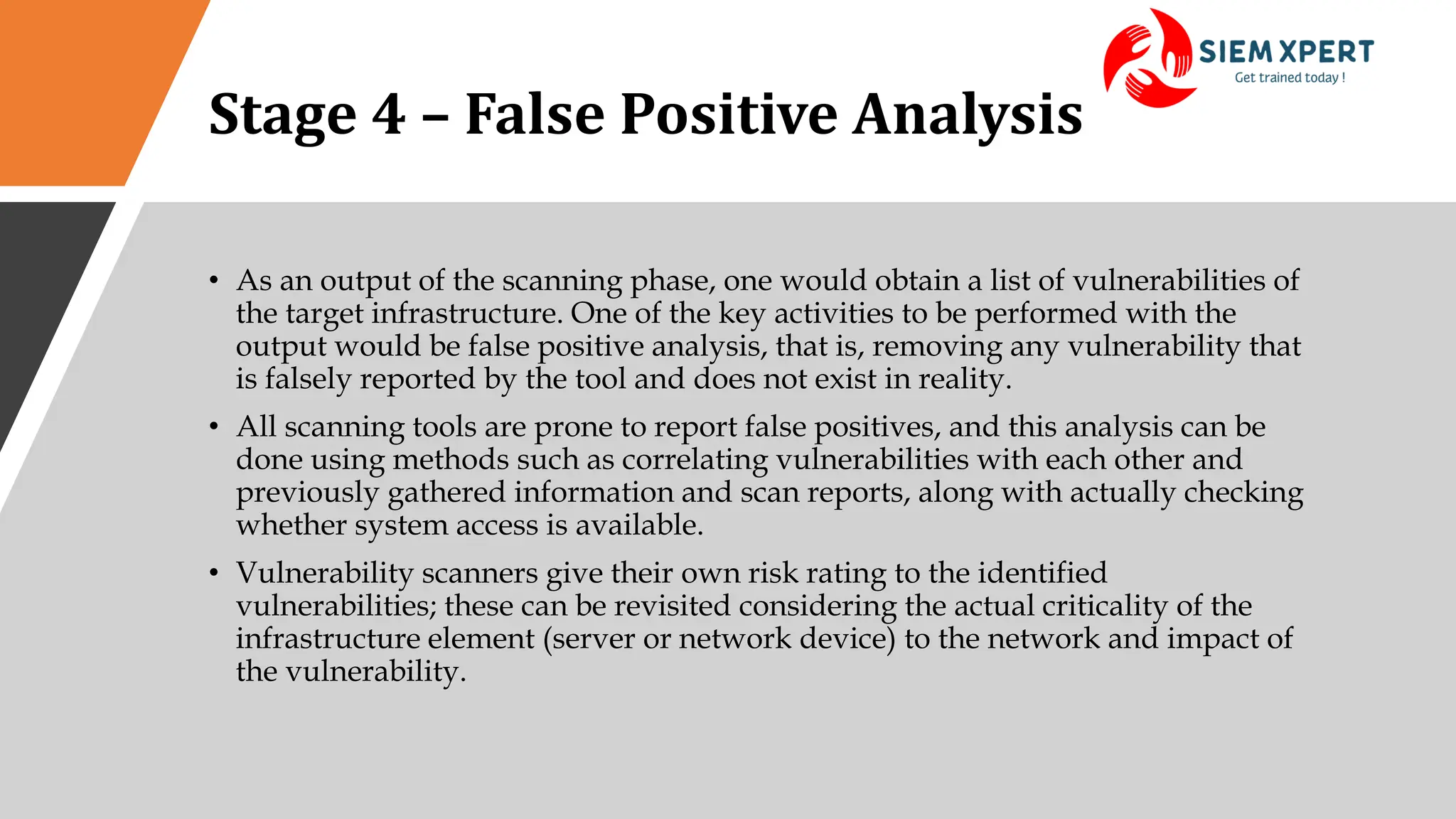 Stage 4 – False Positive Analysis
• As an output of the scanning phase, one would obtain a list of vulnerabilities of
the target infrastructure. One of the key activities to be performed with the
output would be false positive analysis, that is, removing any vulnerability that
is falsely reported by the tool and does not exist in reality.
• All scanning tools are prone to report false positives, and this analysis can be
done using methods such as correlating vulnerabilities with each other and
previously gathered information and scan reports, along with actually checking
whether system access is available.
• Vulnerability scanners give their own risk rating to the identified
vulnerabilities; these can be revisited considering the actual criticality of the
infrastructure element (server or network device) to the network and impact of
the vulnerability.
 