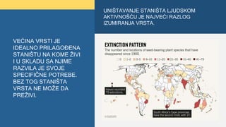 UNIŠTAVANJE STANIŠTA LJUDSKOM
AKTIVNOŠĆU JE NAJVEĆI RAZLOG
IZUMIRANJA VRSTA.
VEĆINA VRSTI JE
IDEALNO PRILAGOĐENA
STANIŠTU NA KOME ŽIVI
I U SKLADU SA NJIME
RAZVILA JE SVOJE
SPECIFIČNE POTREBE.
BEZ TOG STANIŠTA
VRSTA NE MOŽE DA
PREŽIVI.
 