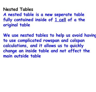 Nested Tables A nested table is a new seperate table  fully contained inside of  1 cell  of a the original table We use nested tables to help us avoid having to use complicated rowspan and colspan calculations, and it allows us to quickly change an inside table and not affect the main outside table 