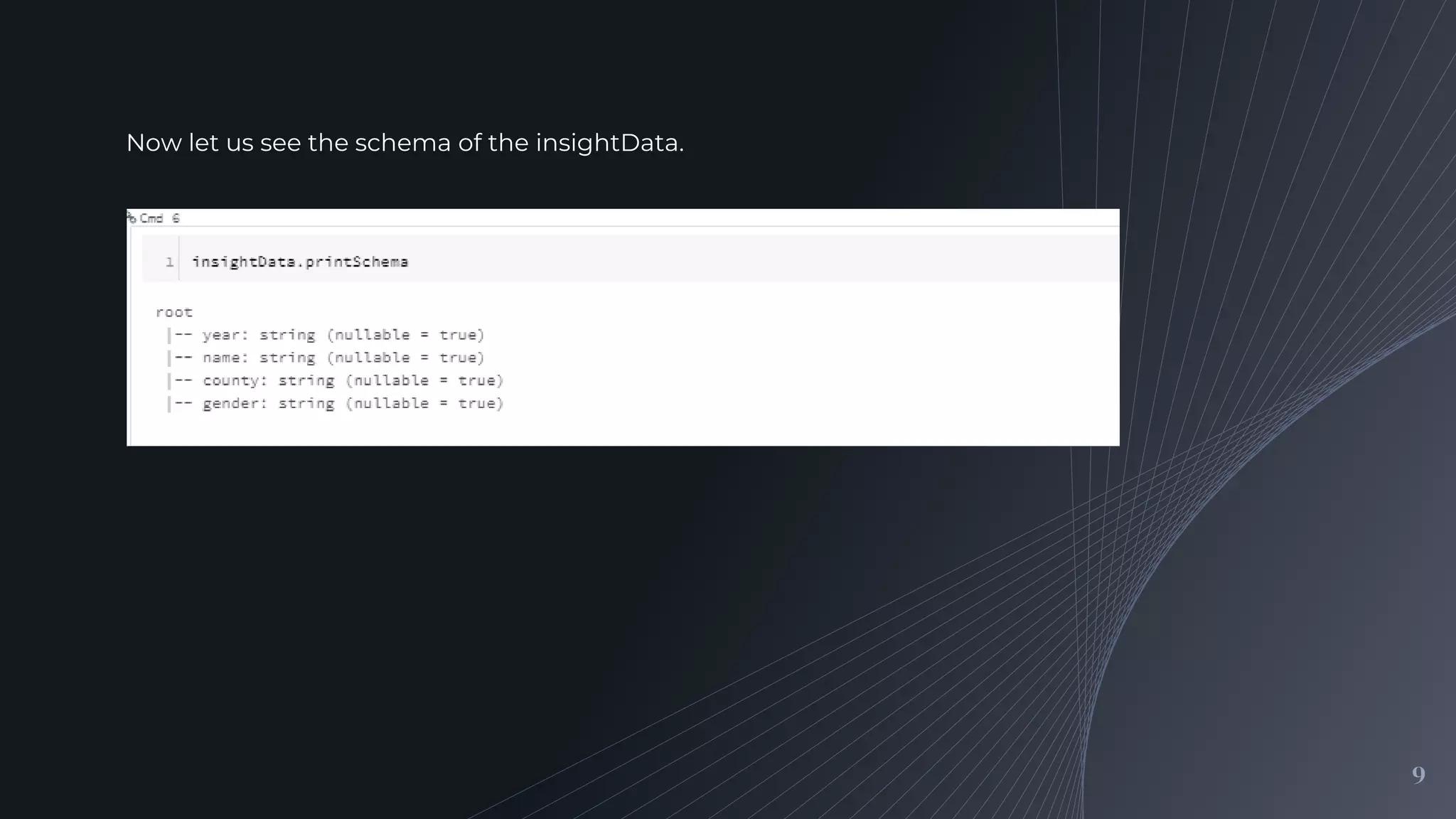 9
Now let us see the schema of the insightData.
 