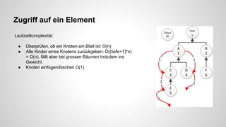 Zugriff auf ein Element
Laufzeitkomplexität:
● Überprüfen, ob ein Knoten ein Blatt ist: O(n)
● Alle Kinder eines Knotens zurückgeben: O((tiefe+1)*n)
= O(n), fällt aber bei grossen Bäumen trotzdem ins
Gewicht.
● Knoten einfügen/löschen O(1)
 