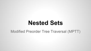 Nested Sets
Modified Preorder Tree Traversal (MPTT)
 