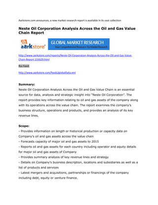 Aarkstore.com announces, a new market research report is available in its vast collection

Neste Oil Corporation Analysis Across the Oil and Gas Value
Chain Report




http://www.aarkstore.com/reports/Neste-Oil-Corporation-Analysis-Across-the-Oil-and-Gas-Value-
Chain-Report-155629.html

Rss Feed:

http://www.aarkstore.com/feeds/globalData.xml



Summary:
Neste Oil Corporation Analysis Across the Oil and Gas Value Chain is an essential
source for data, analysis and strategic insight into “Neste Oil Corporation”. The
report provides key information relating to oil and gas assets of the company along
with its operations across the value chain. The report examines the company’s
business structure, operations and products, and provides an analysis of its key
revenue lines.


Scope:
- Provides information on length or historical production or capacity data on
Company’s oil and gas assets across the value chain
- Forecasts capacity of major oil and gas assets to 2015
- Reports oil and gas assets for each country including operator and equity details
for major oil and gas assets of Company
- Provides summary analysis of key revenue lines and strategy
- Details on Company’s business description, locations and subsidiaries as well as a
list of products and services
- Latest mergers and acquisitions, partnerships or financings of the company
including debt, equity or venture finance.
 