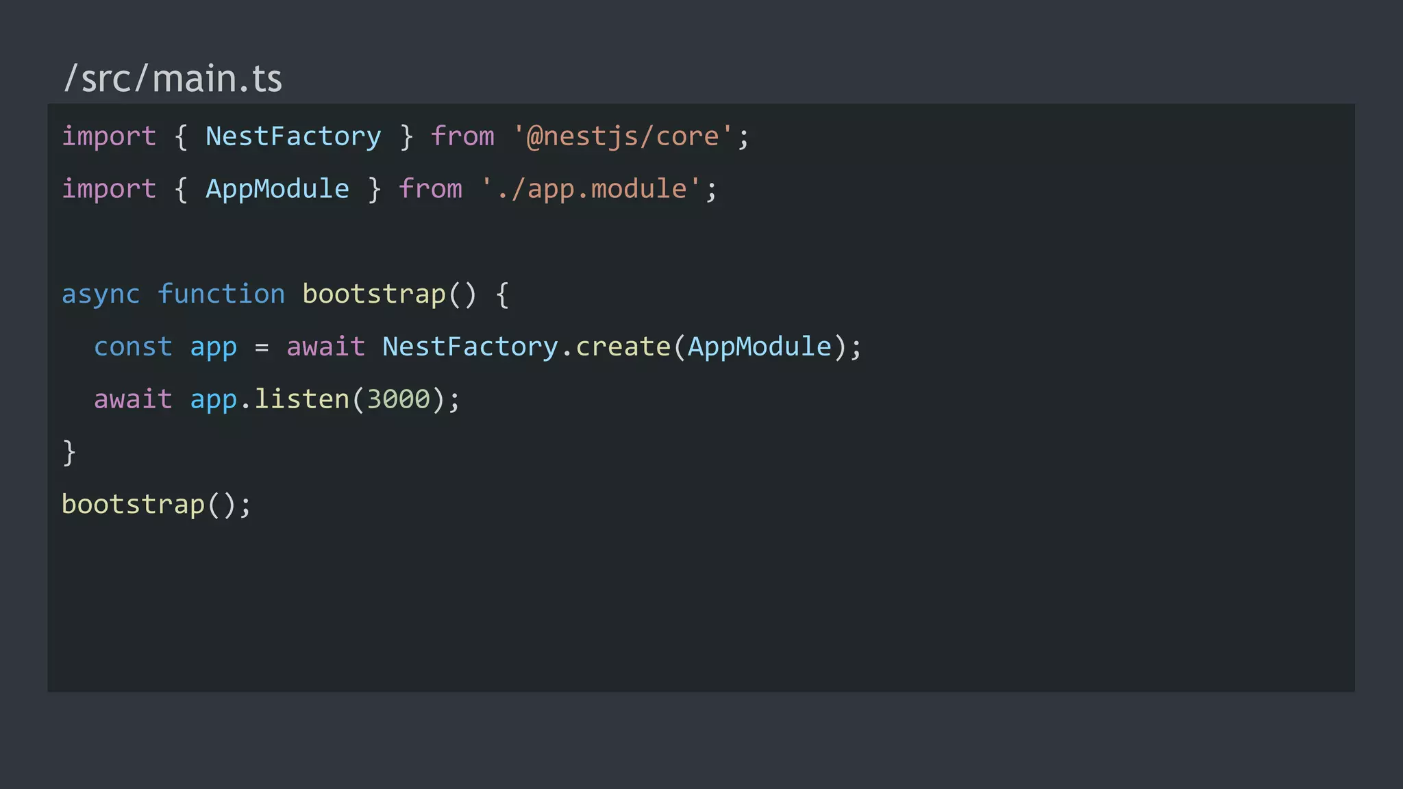 /src/main.ts
import { NestFactory } from '@nestjs/core';
import { AppModule } from './app.module';
async function bootstrap() {
const app = await NestFactory.create(AppModule);
await app.listen(3000);
}
bootstrap();
 