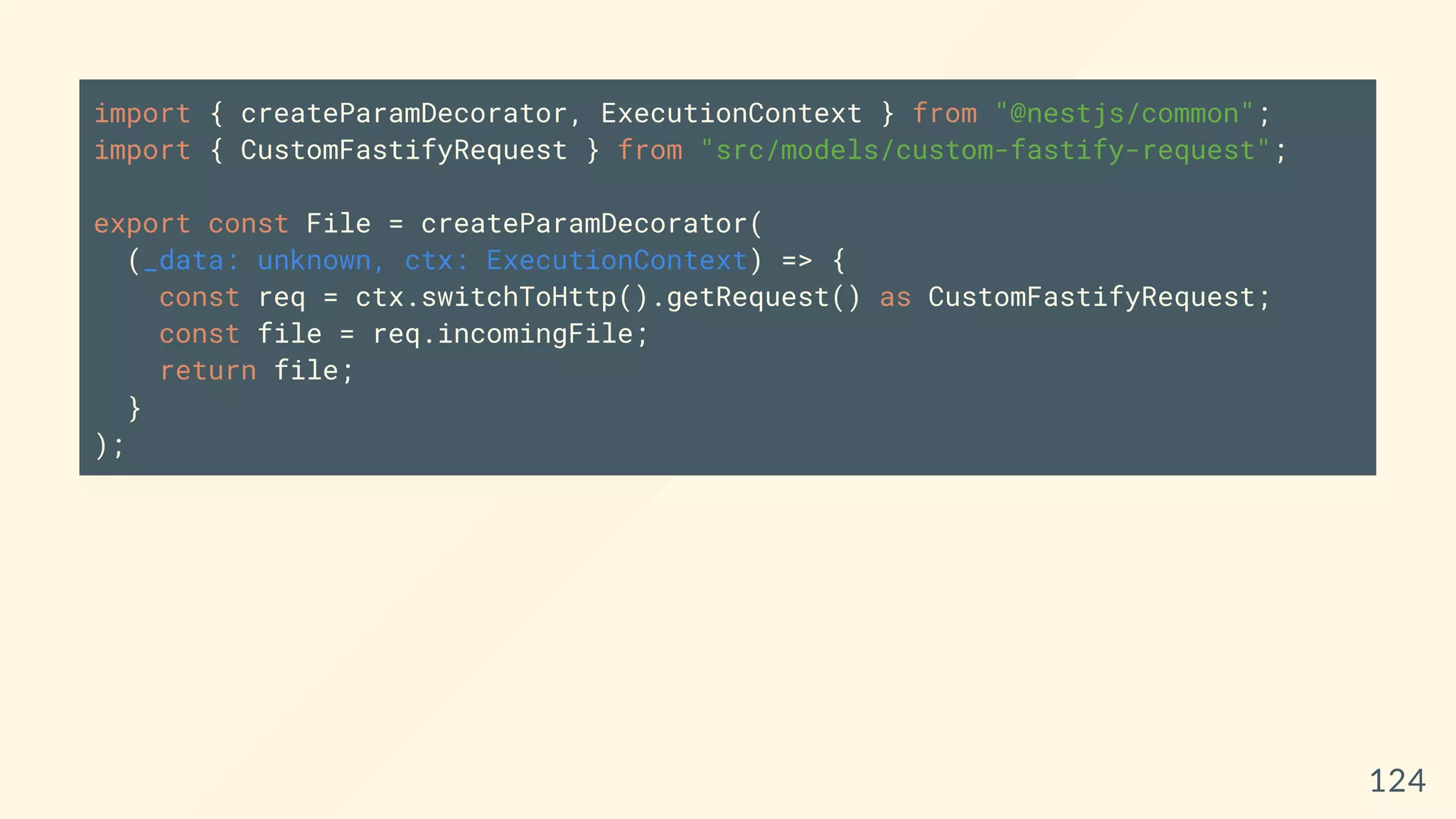 import { createParamDecorator, ExecutionContext } from "@nestjs/common";
import { CustomFastifyRequest } from "src/models/custom-fastify-request";
export const File = createParamDecorator(
(_data: unknown, ctx: ExecutionContext) => {
const req = ctx.switchToHttp().getRequest() as CustomFastifyRequest;
const file = req.incomingFile;
return file;
}
);
124
 