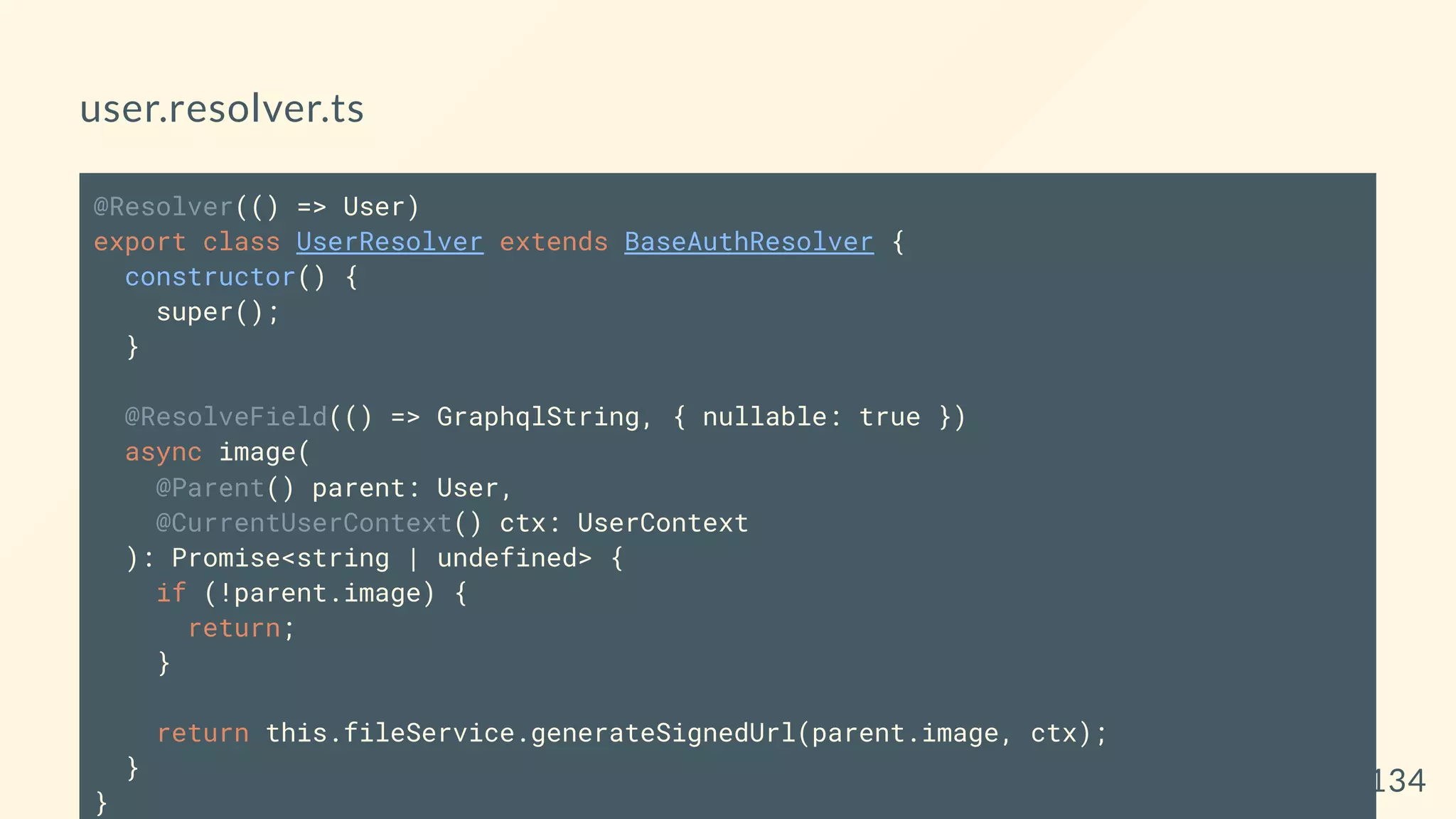 user.resolver.ts
@Resolver(() => User)
export class UserResolver extends BaseAuthResolver {
constructor() {
super();
}
@ResolveField(() => GraphqlString, { nullable: true })
async image(
@Parent() parent: User,
@CurrentUserContext() ctx: UserContext
): Promise<string | undefined> {
if (!parent.image) {
return;
}
return this.fileService.generateSignedUrl(parent.image, ctx);
}
}
134
 