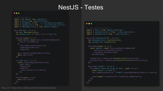NestJS - Testes
Mais em: https://docs.nestjs.com/fundamentals/testing
 