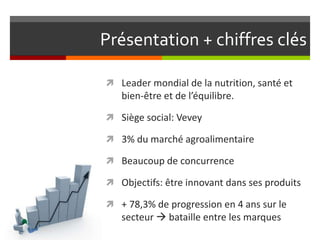 Présentation + chiffres clés
 Leader mondial de la nutrition, santé et

bien-être et de l’équilibre.
 Siège social: Vevey
 3% du marché agroalimentaire
 Beaucoup de concurrence

 Objectifs: être innovant dans ses produits
 + 78,3% de progression en 4 ans sur le

secteur  bataille entre les marques

 
