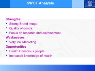 SWOT Analysis



Strengths:
 Strong Brand image
 Quality of goods
 Focus on research and development
Weaknesses
 Very low Marketing
Opportunities
 Health Conscious people
 Increased knowledge of health


                                      .
 