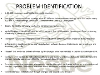 PROBLEM IDENTIFICATION 
• 2,30,000 employees and 500 facilities in 80 countries 
• to support the decentralized strategy it has 80 different information technology units that’s runs nearly 
900 ibm as/400 mid range computers ,15 main frames , and 200 Unix system 
• despite its size the company has had no corporate computer center 
• local difference created inefficiencies and extra costs that could prevent the company from competing 
effectively in electronic commerce. 
• the lack of standard business processes prevented it from obtaining lower prices for its raw material. 
• at first project decide not to use sap’s supply chain software because that module was brand new and 
appeared to be risky 
• the staff that would be directly affected by the changes were not included in the key stake holder team. 
• the lower level worker did not understand how to use the new system and also did not understand the 
changes ,nobody was prepared for the new ways of doing things. 
• Turnover among the employees who were to use the Manugistics software to forecast product demand 
reached 77 percent. Those who remained found it easier to use their familiar spreadsheets. 
• the simultaneous installation of the y2k changes also caused some trouble. 
 
